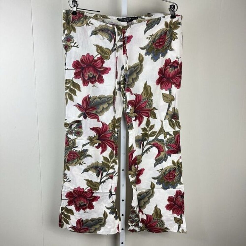 Vintage RAMPAGE Linen‎ Cargo Pants Womens 5 Floral Print White Drawstring